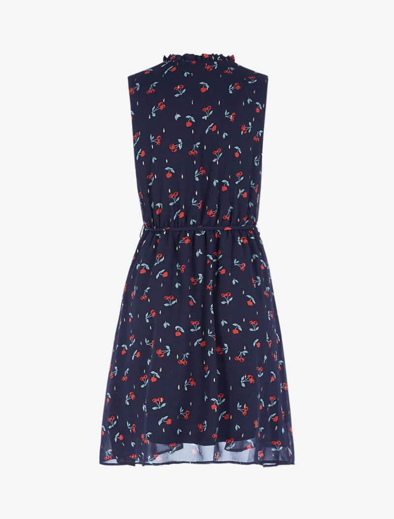 Tailliertes Kleid aus bedrucktem Kirsch-Voile - Mitternachtsblau