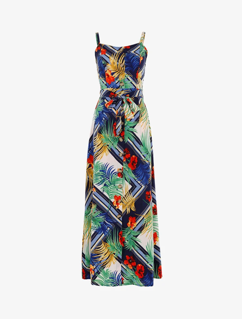 Kleid mit Blätter- und Blumenmuster - Marine