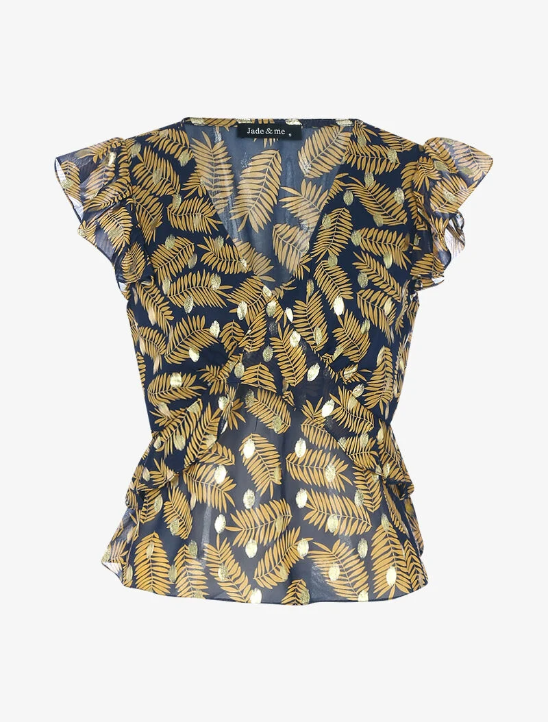 Volant-Top aus bedrucktem Blattmuster-Georgette - Mitternachtsblau