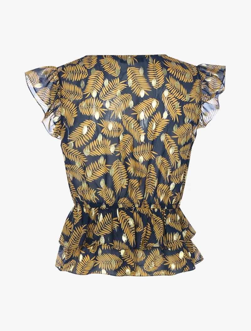 Volant-Top aus bedrucktem Blattmuster-Georgette - Mitternachtsblau