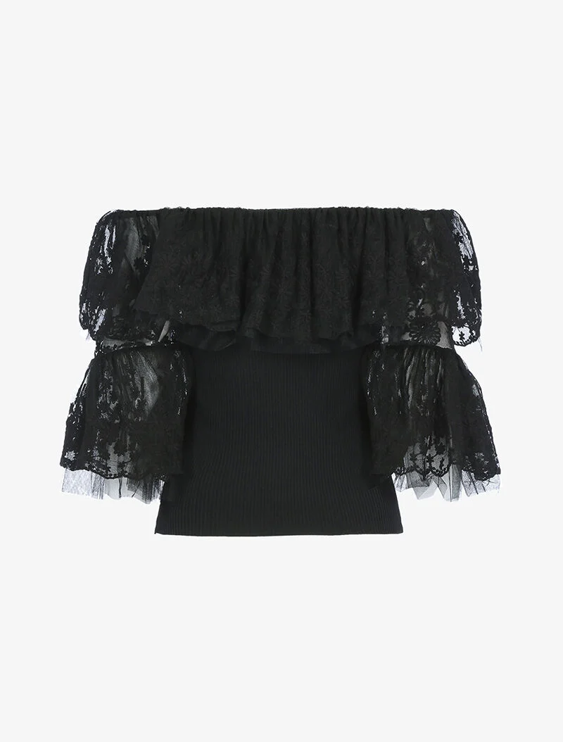 Rüschen-Crop-Top - schwarz