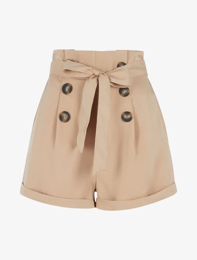 High Waist Paperbag Shorts - dunkelbeige