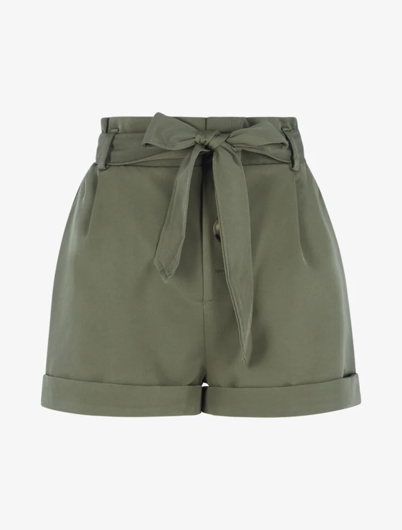 Hoch taillierte Shorts mit Säumen - Kaki