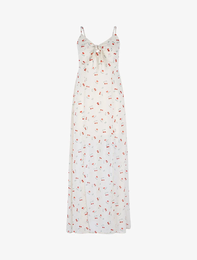Langes Kleid mit Schlitz aus bedrucktem Voile. - beige