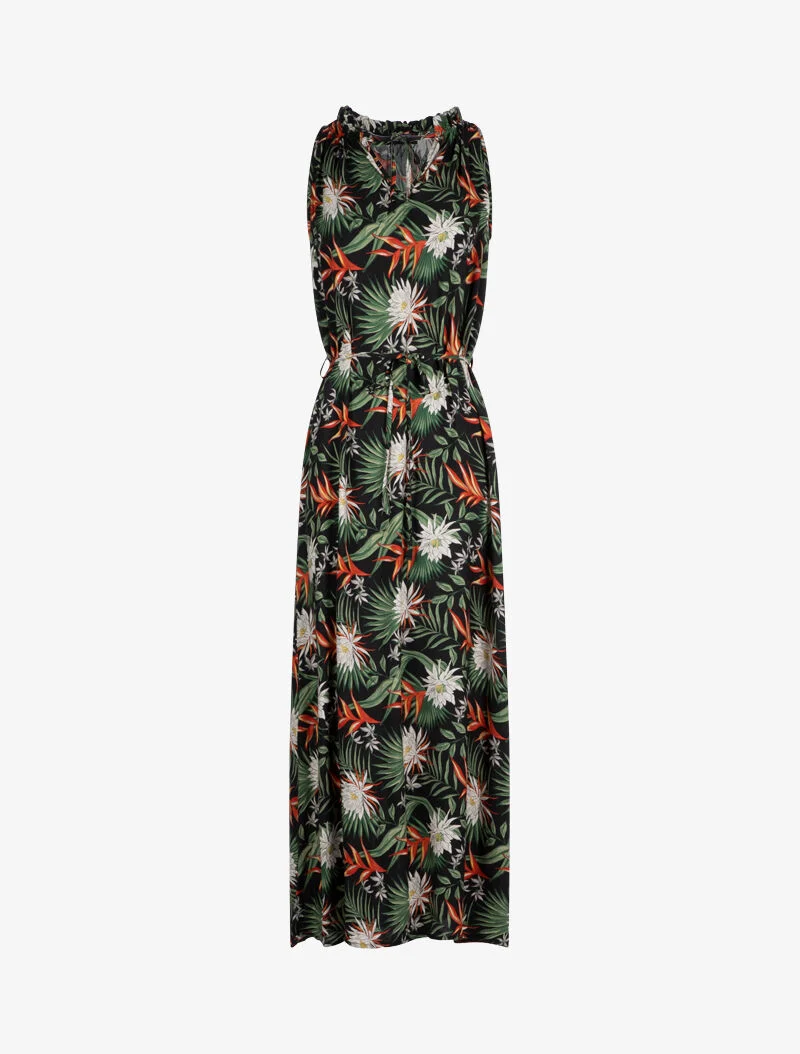 Bedrucktes Kleid mit hohem, gerüschtem Kragen - schwarz