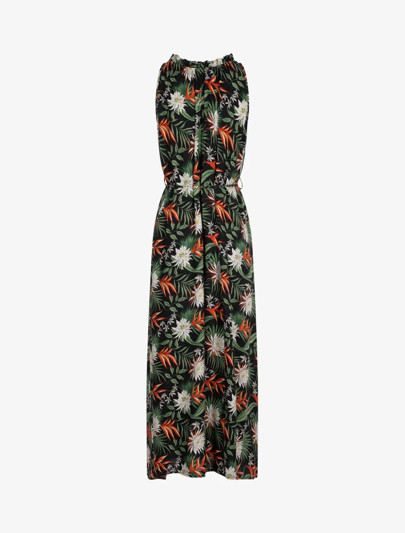Bedrucktes Kleid mit hohem, gerüschtem Kragen - schwarz