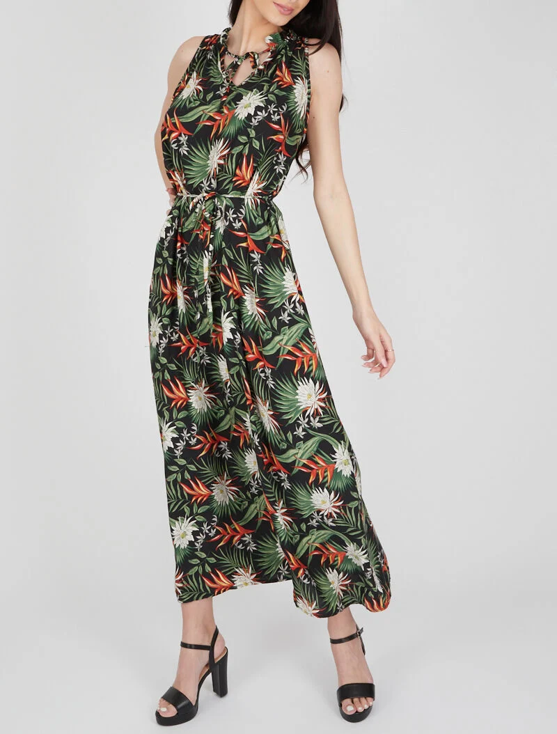 Bedrucktes Kleid mit hohem, gerüschtem Kragen - schwarz
