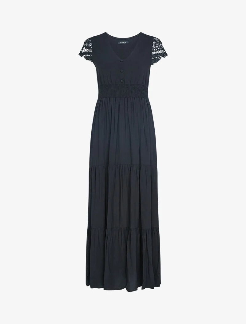 Besticktes Kleid mit Flügelärmeln - schwarz