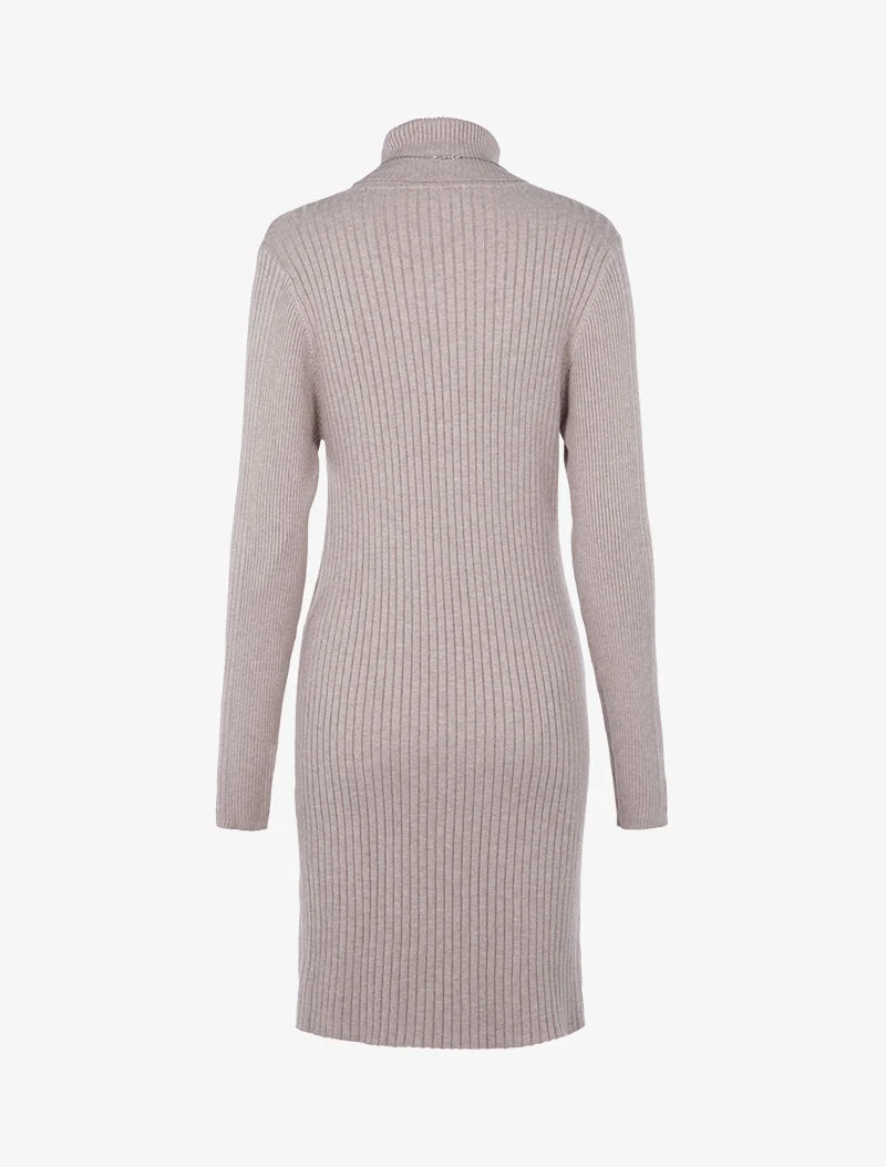 Geripptes Pulloverkleid mit Schlitzkante - beige