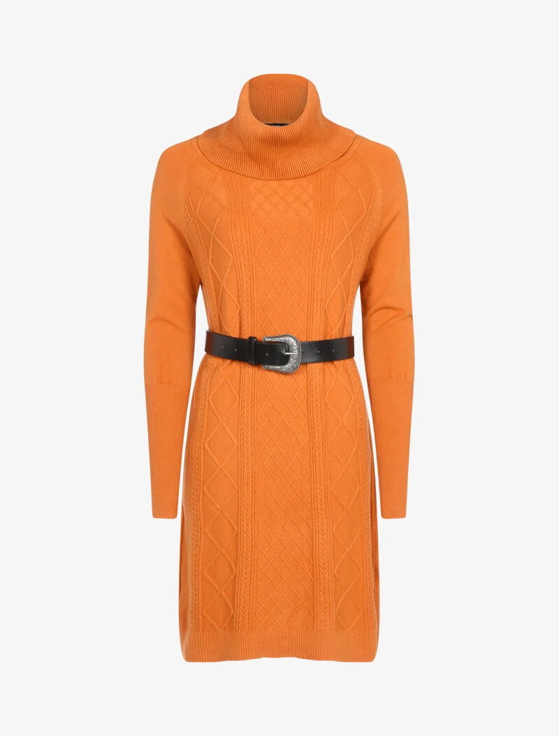 Pulloverkleid mit Bischofsärmeln und geometrischen Details - Rost