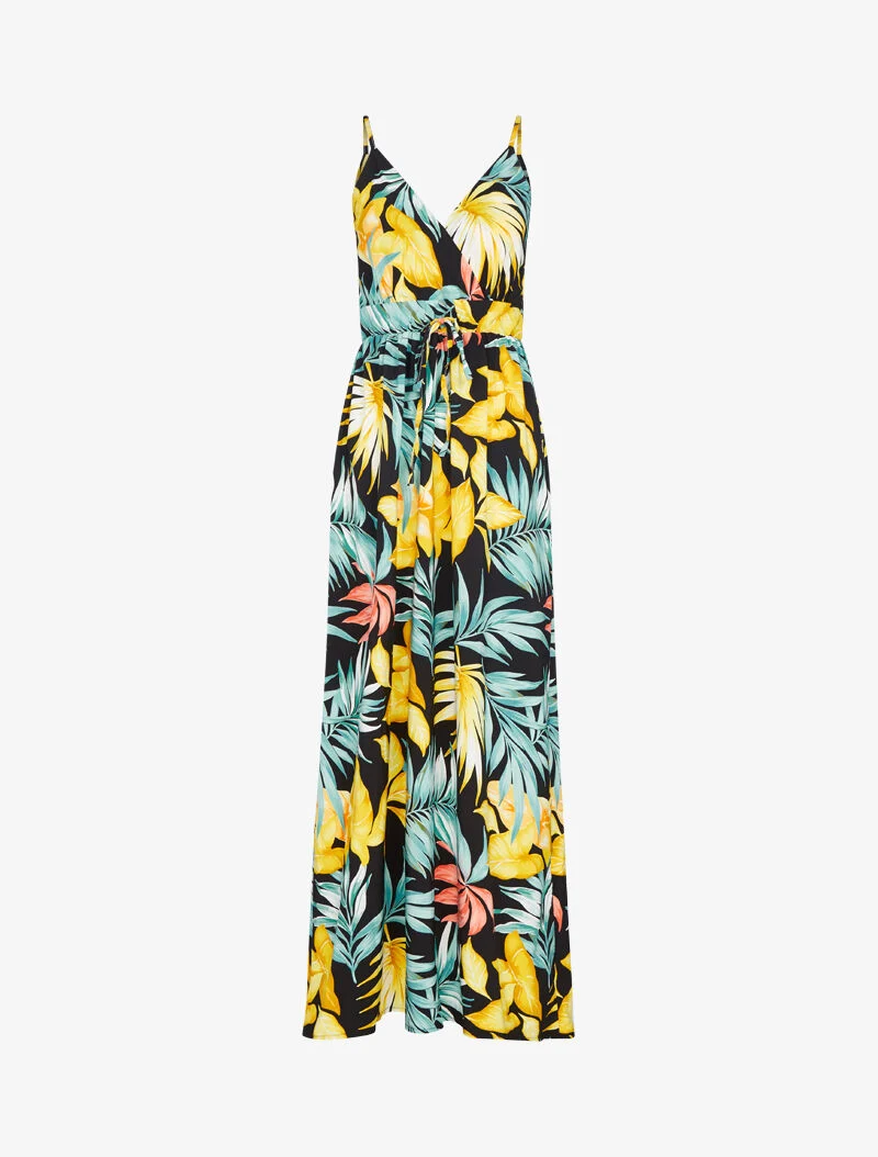 Langes fließendes Kleid mit sommerlichem Print - schwarz