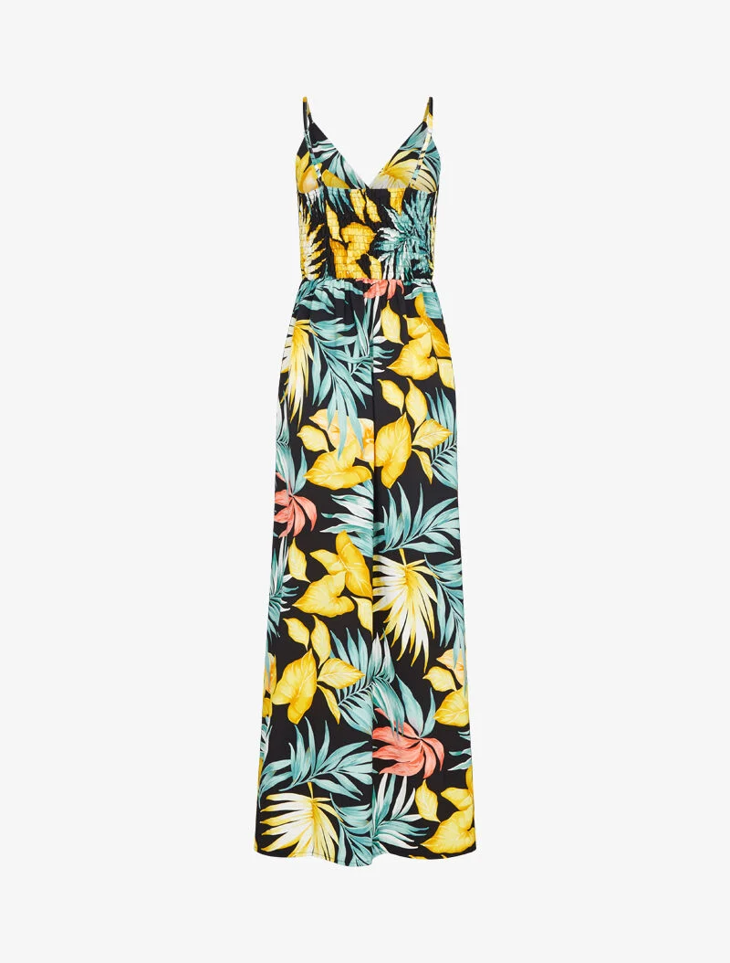 Langes fließendes Kleid mit sommerlichem Print - schwarz