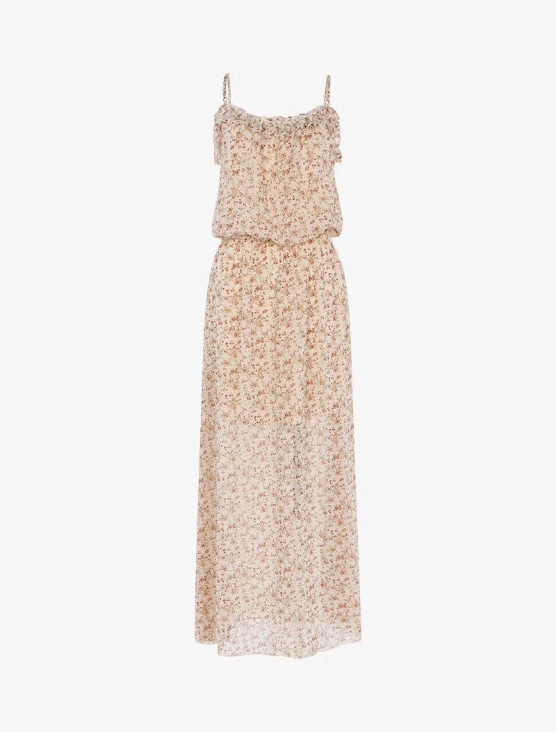 Langes Kleid mit kleinem Blumenmuster - beige
