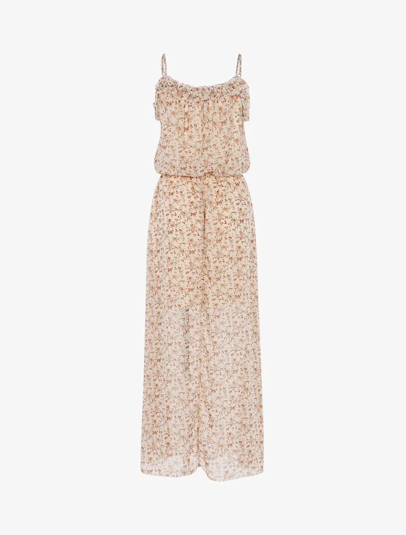 Langes Kleid mit kleinem Blumenmuster - beige