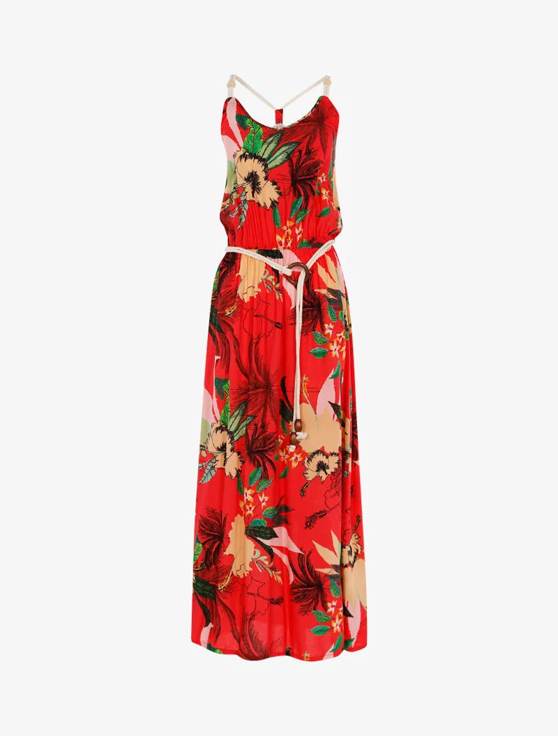 Kleid mit tropischem Druck und Seildetails. - Rot