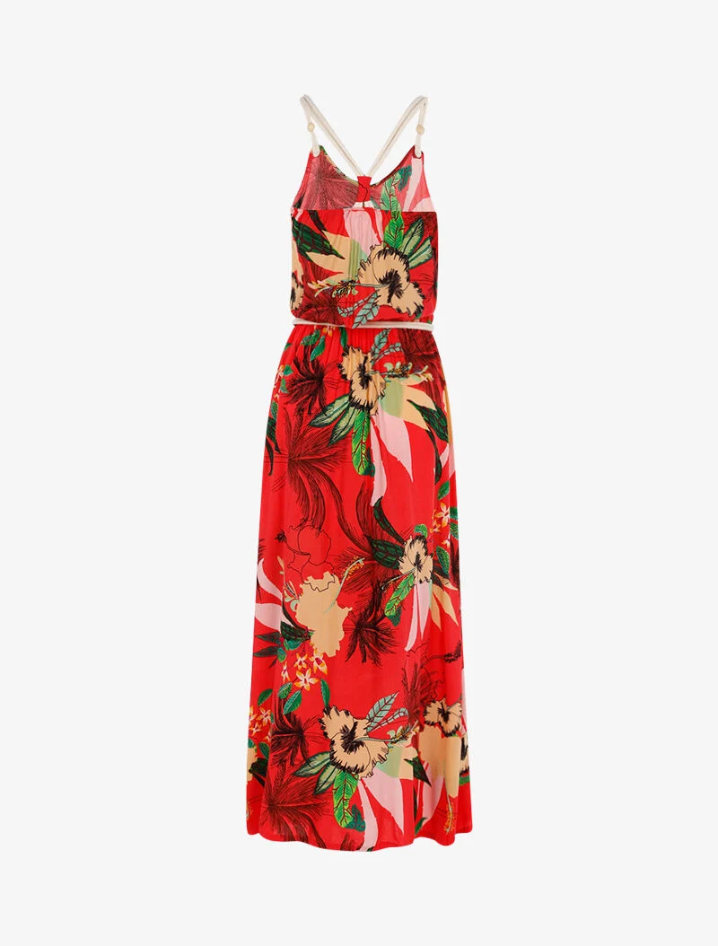Kleid mit tropischem Druck und Seildetails. - Rot