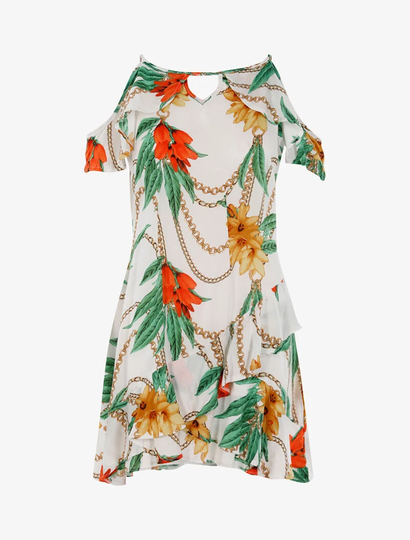 Leichtes Kleid mit Blumenmuster und Ketten - weiß