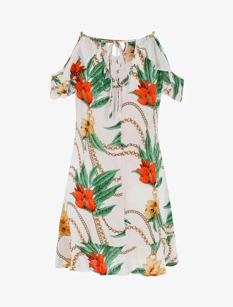 Leichtes Kleid mit Blumenmuster und Ketten - weiß