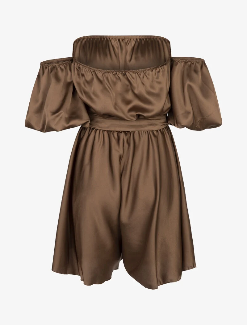 Schulterfreier Satin-Overall - braun