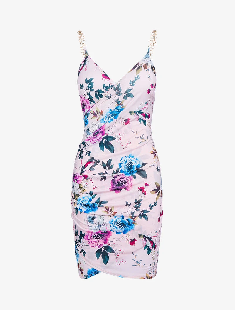 Kleid mit Ketten-Trägerstil bedruckt - Rose