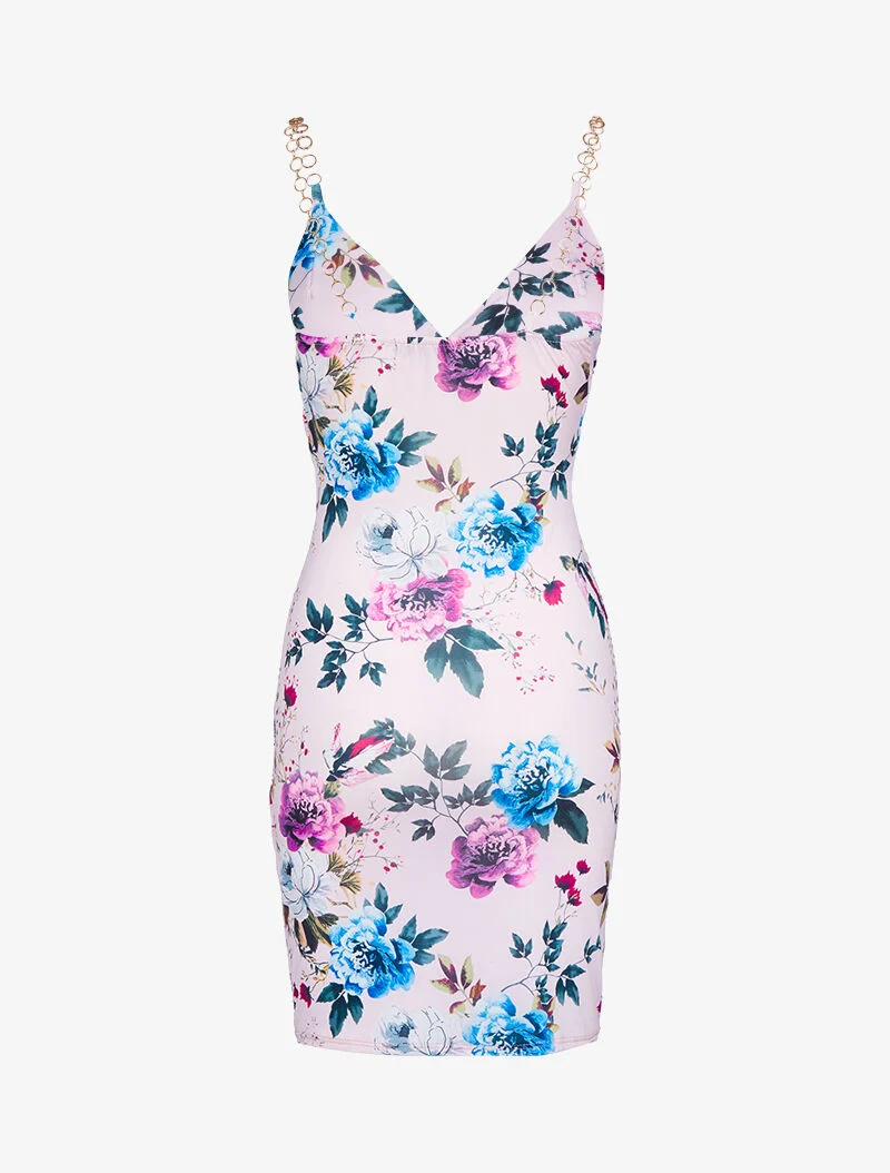 Kleid mit Ketten-Trägerstil bedruckt - Rose