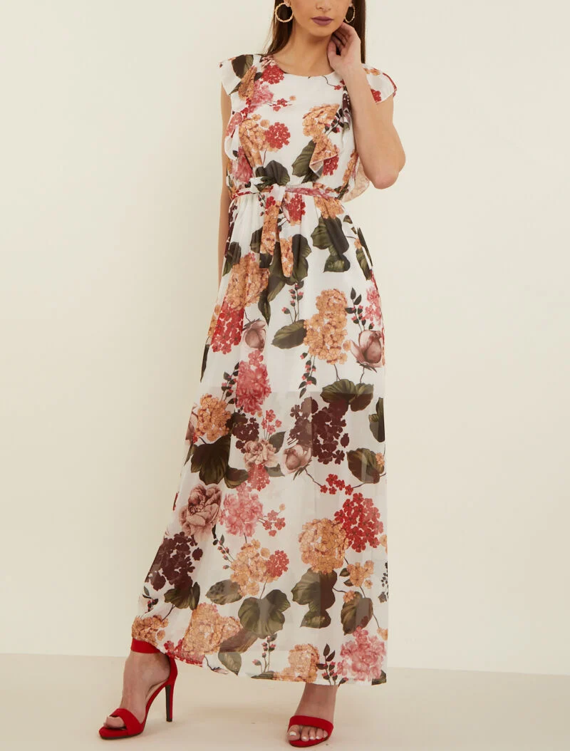 Geblümtes Kleid mit Rüschenoberteil - Ecru