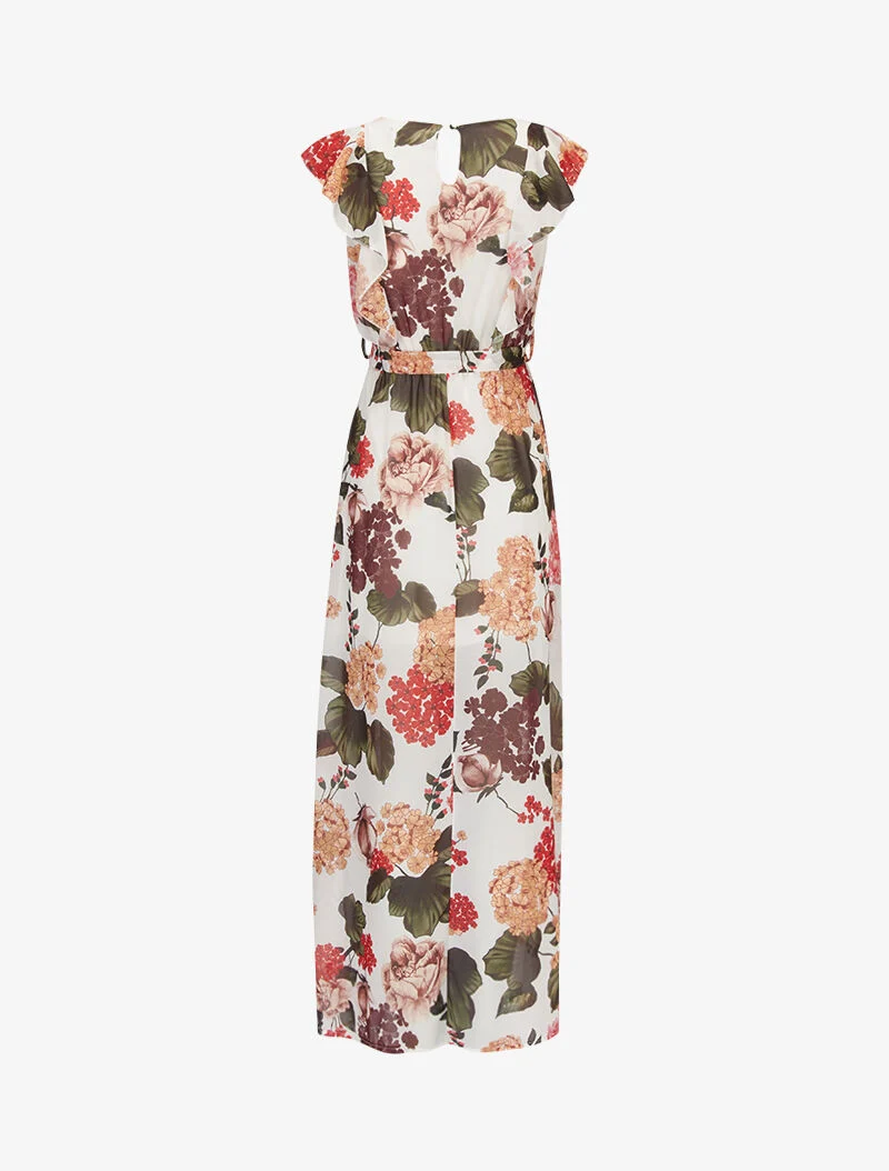Geblümtes Kleid mit Rüschenoberteil - Ecru