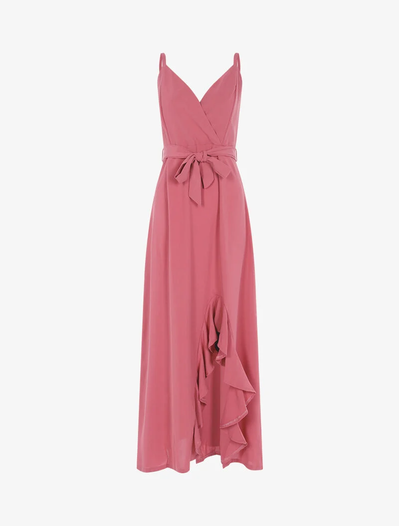 Langes Kleid mit geschlitztem Volant-Saum - Rose