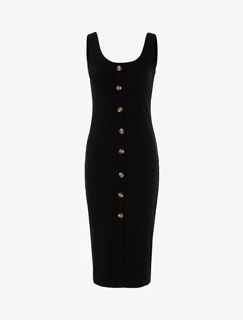 Geripptes Kleid mit Knopfleiste - schwarz