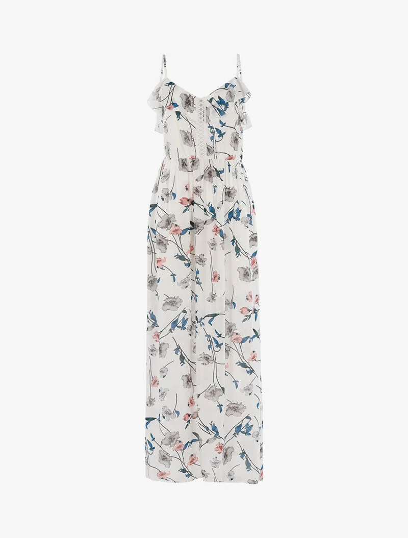 Langes Kleid mit Blumenmuster - Ecru