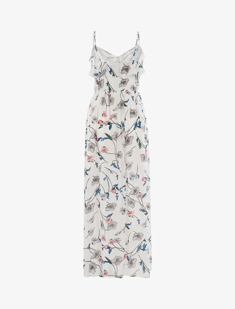 Langes Kleid mit Blumenmuster - Ecru
