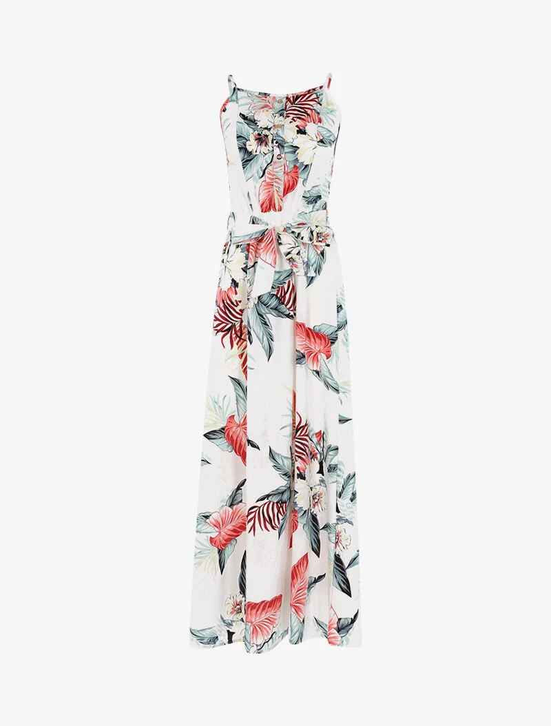 Langes Kleid mit tropischem Print - weiß