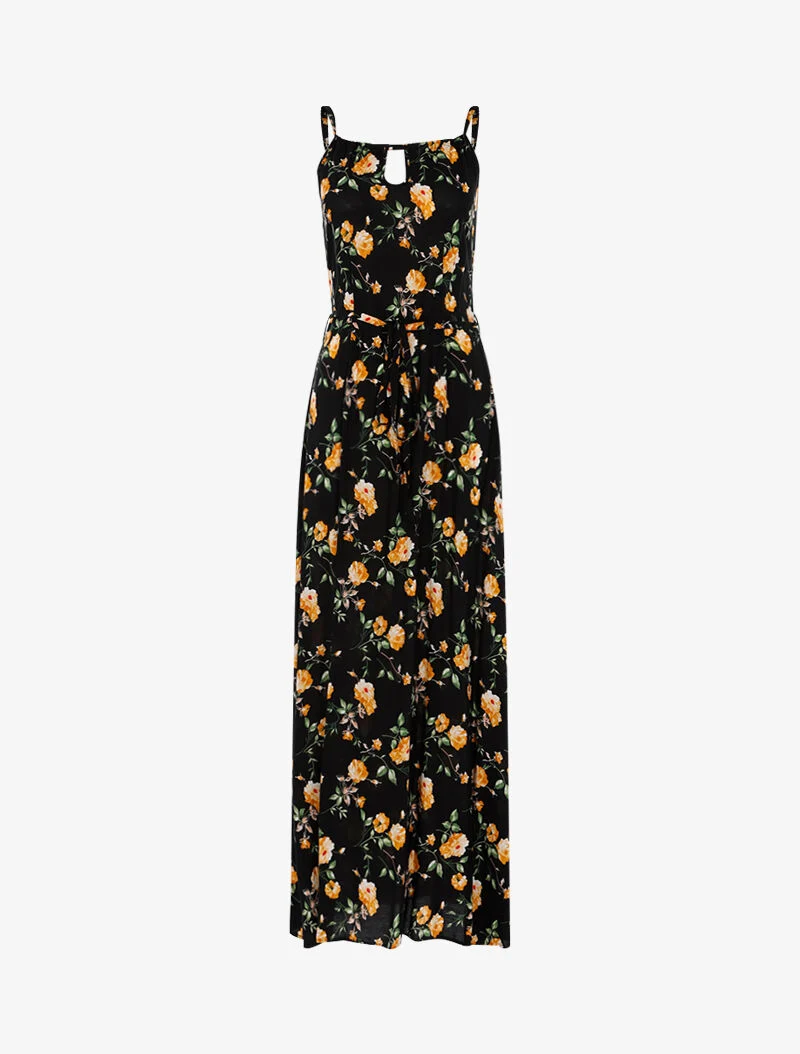 Langes Kleid mit Pfingstrosenprint - schwarz