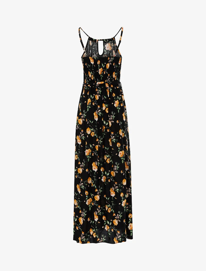 Langes Kleid mit Pfingstrosenprint - schwarz