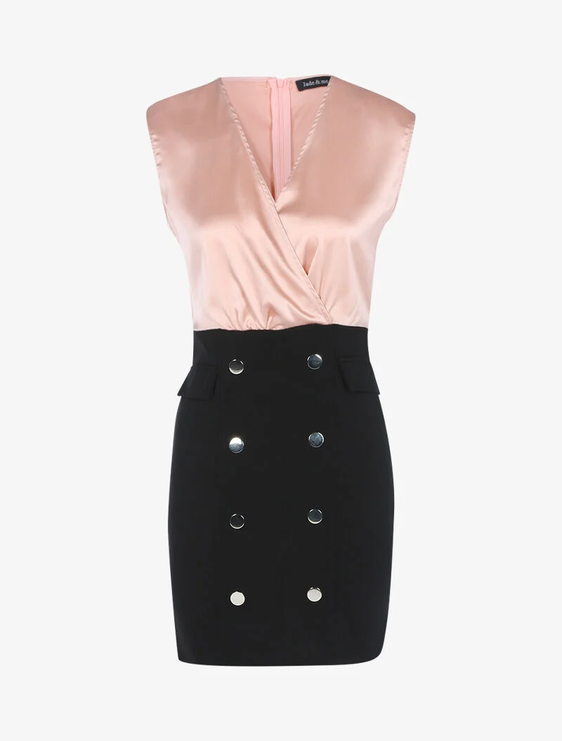 Zweimaterialiges Kleid mit dekorativen Knöpfen - schwarz/rosa