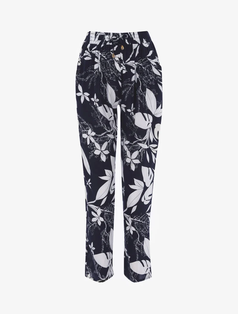 Monochrome Blätter bedruckte Hose - Marine
