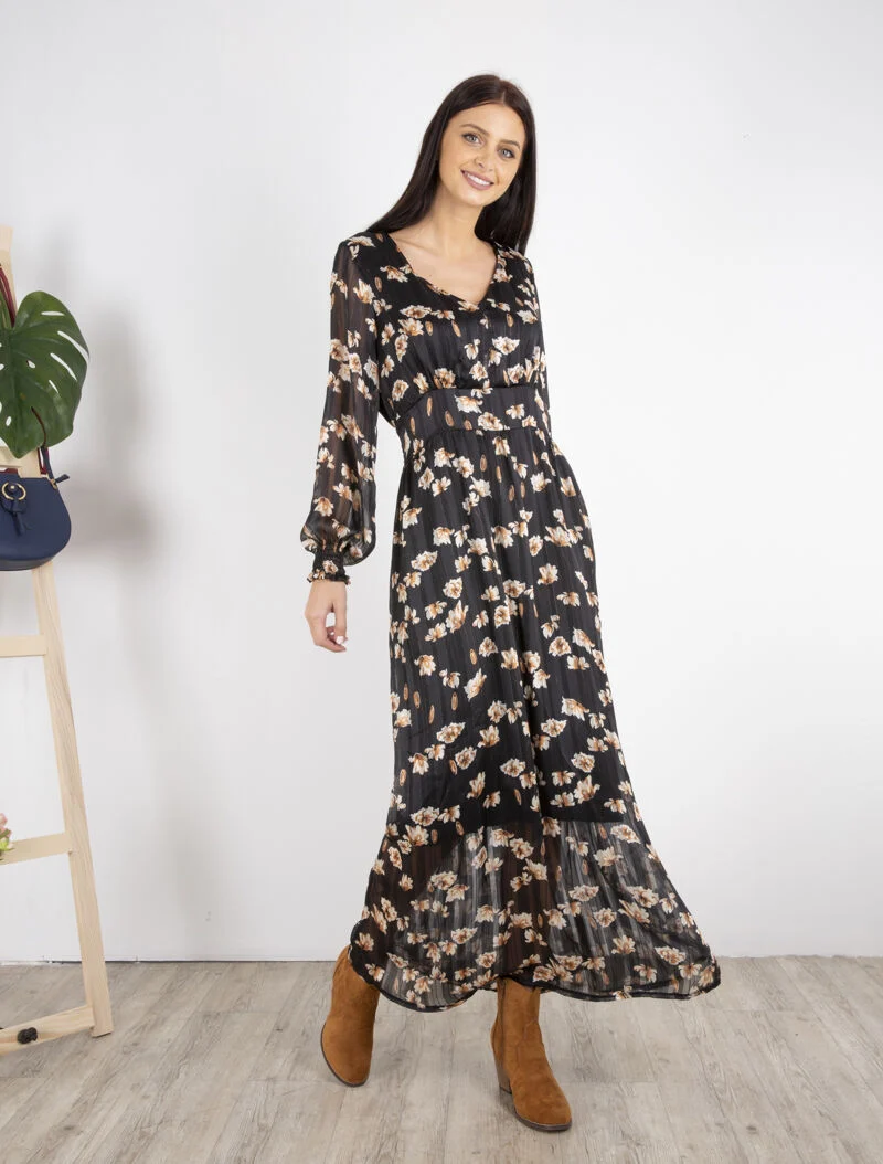 Langes Kleid mit betonter Taille und weißen Blumenmuster. - schwarz