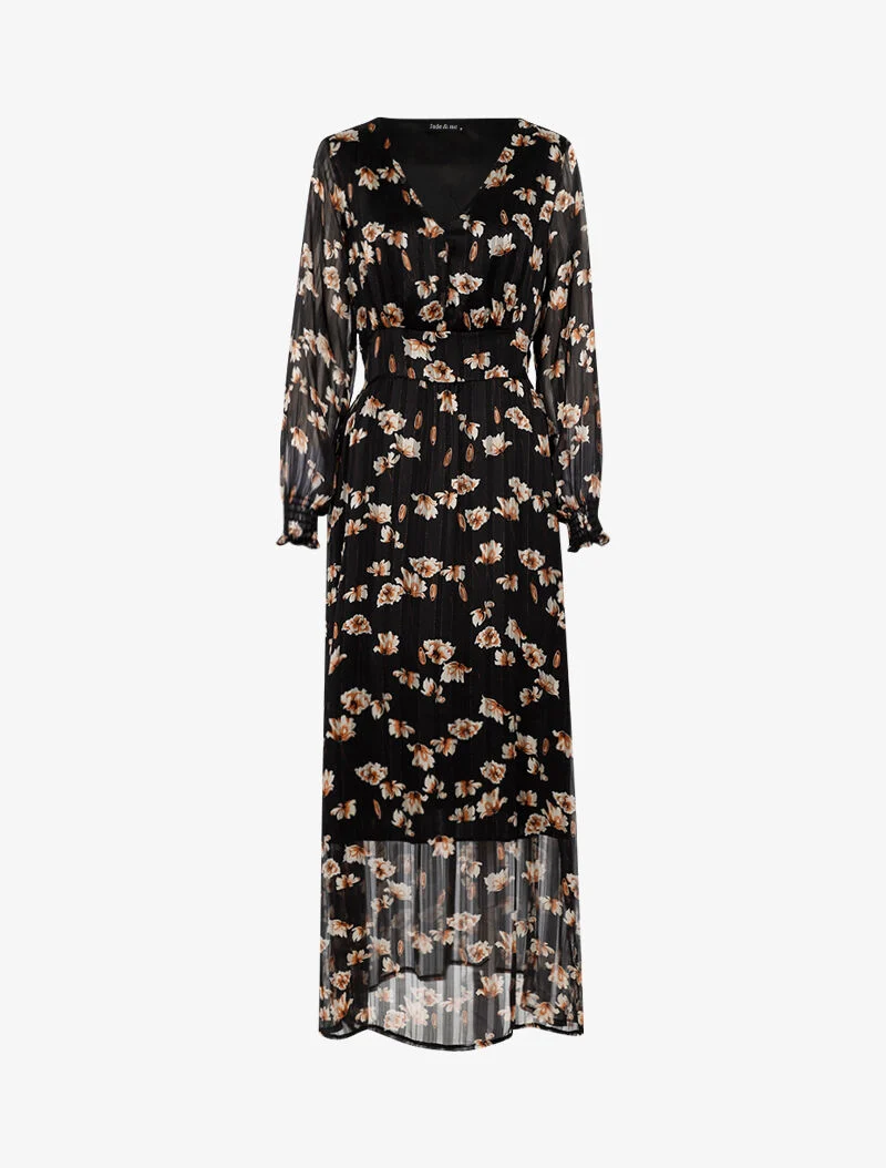 Langes Kleid mit betonter Taille und weißen Blumenmuster. - schwarz