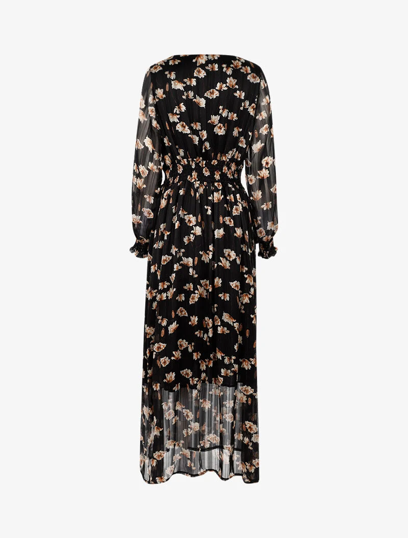 Langes Kleid mit betonter Taille und weißen Blumenmuster. - schwarz