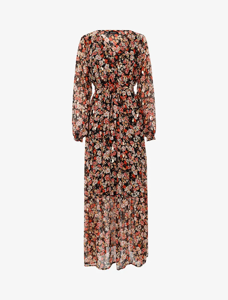 Langes leichtes Kleid mit Blumendruck und Schößchen - schwarz