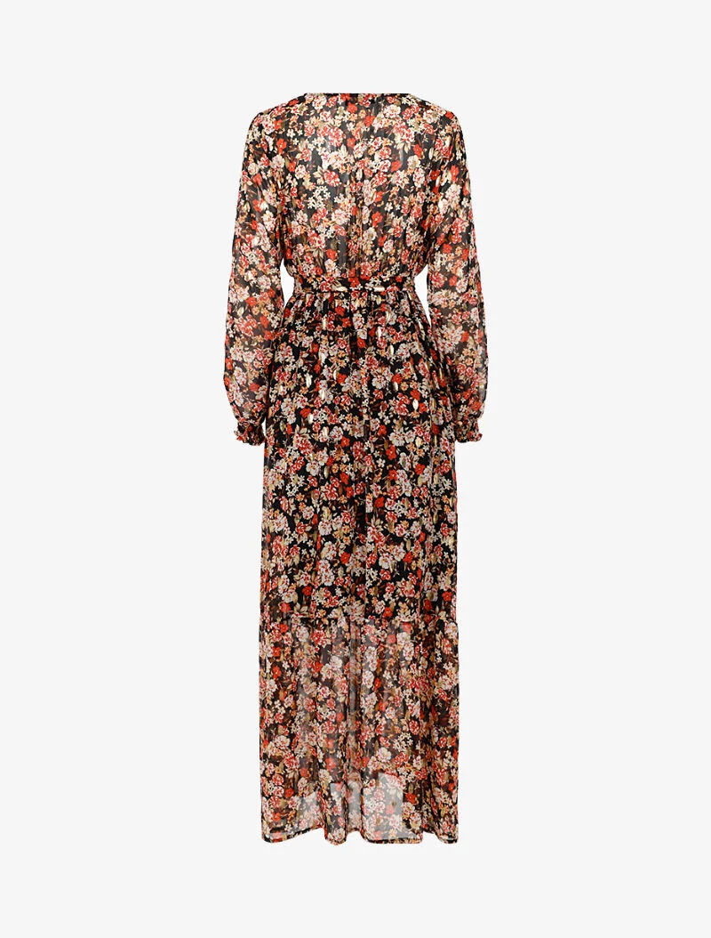 Langes leichtes Kleid mit Blumendruck und Schößchen - schwarz