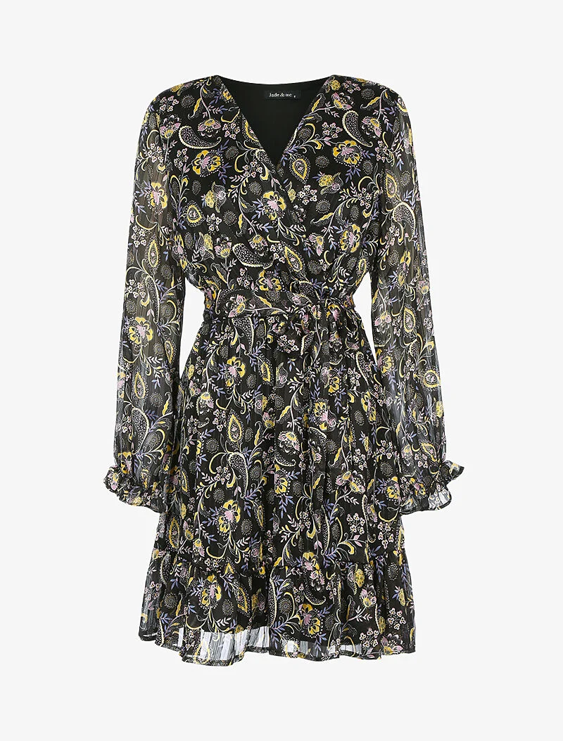Gestreiftes Kleid mit irisierenden und stilisierten Blumen - schwarz