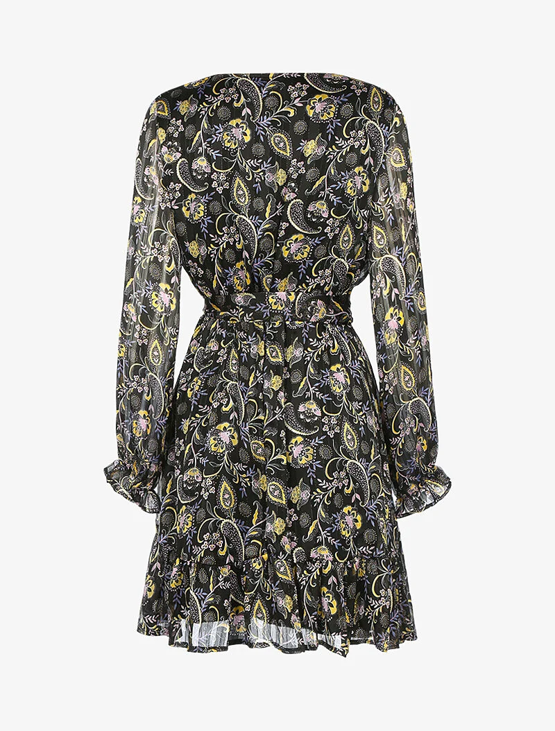 Gestreiftes Kleid mit irisierenden und stilisierten Blumen - schwarz