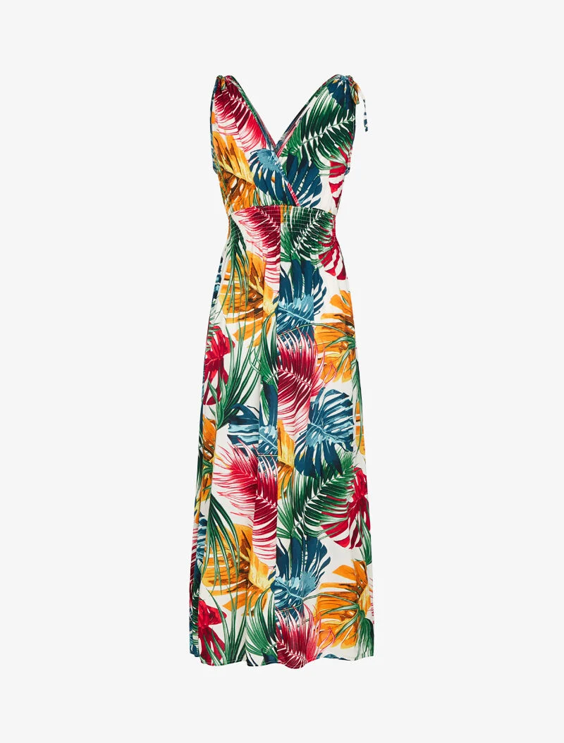 Ärmelloses Kleid mit tropischem Print - Ecru
