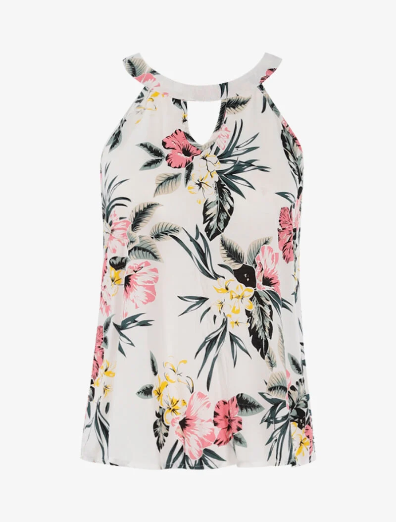 Blumiges Top mit amerikanischem Kragen - weiß
