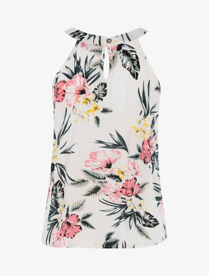 Blumiges Top mit amerikanischem Kragen - weiß