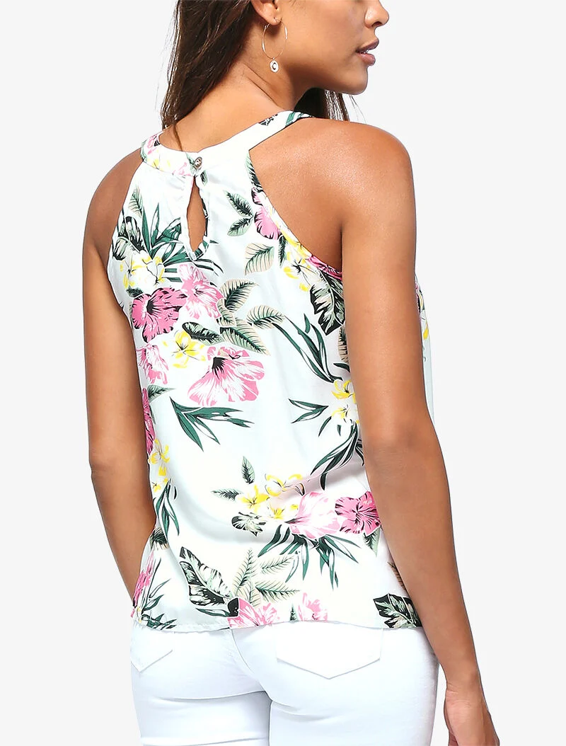 Blumiges Top mit amerikanischem Kragen - weiß