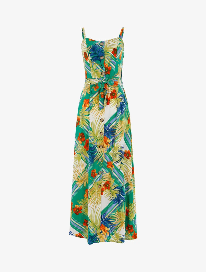 Kleid mit Blätter- und Blumenmuster - Grün