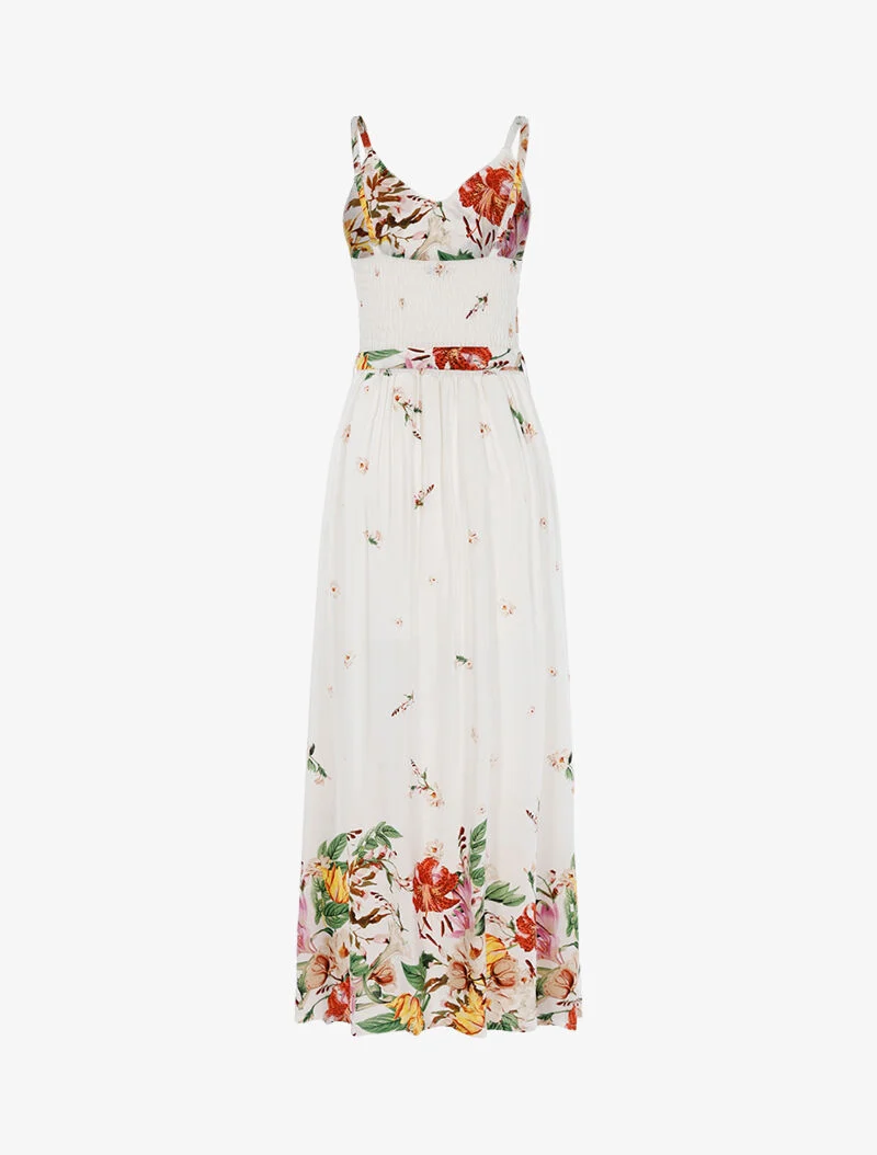 Langes Kleid mit Blumenmuster - weiß