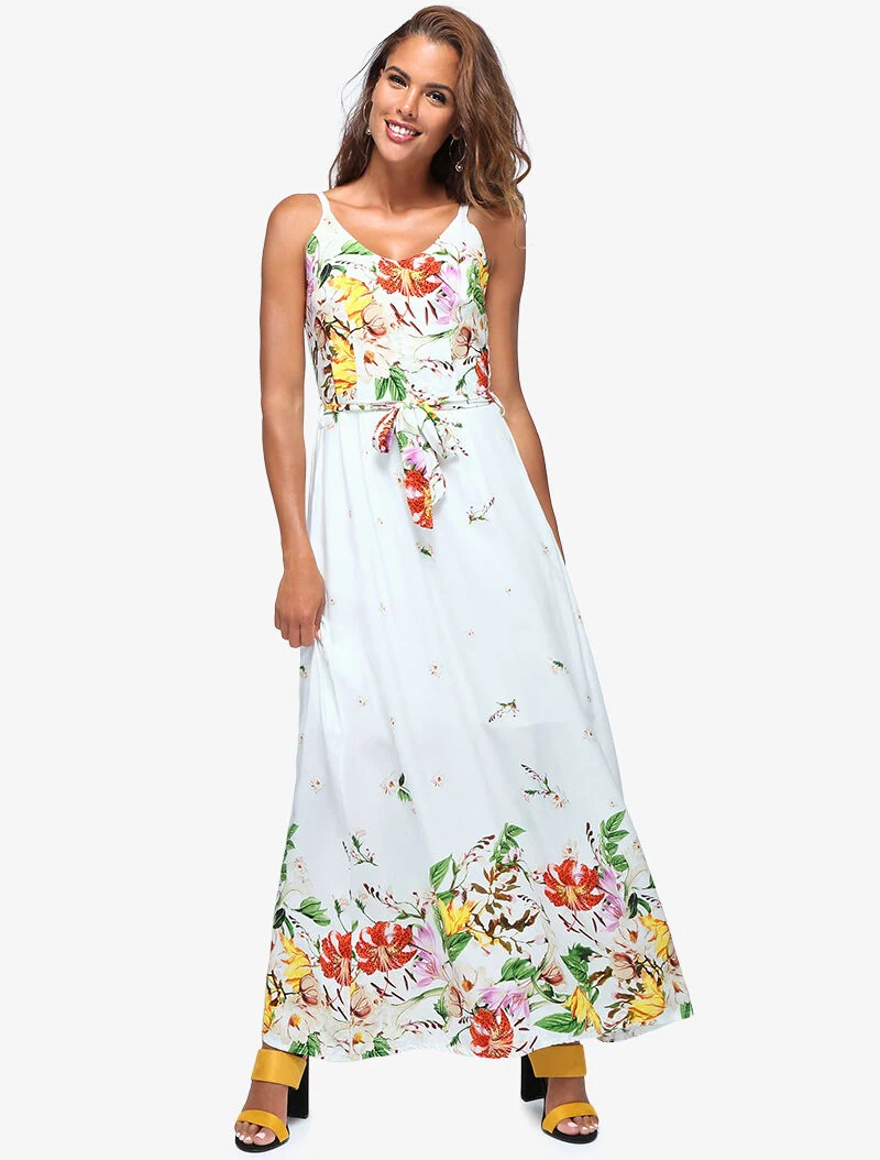 Langes Kleid mit Blumenmuster - weiß
